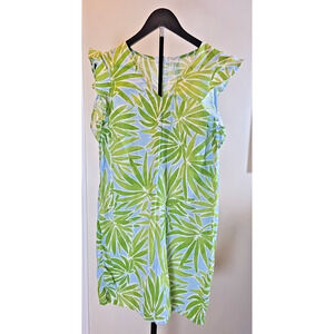 Sigrid Olsen Linen Shift Dress M Green Blue Palm Leaves Coastal Vacation Beac